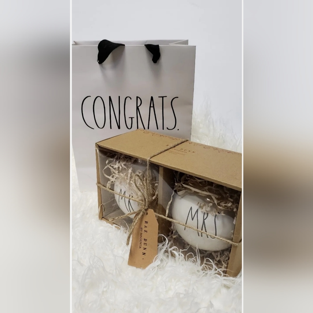 🆕️ Rae Dunn Ceramic Mr/Mrs Christmas Ornaments Wedding w/gift bag (2018)